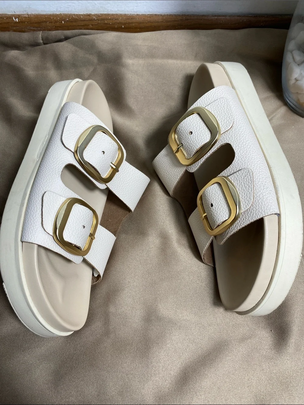 Cristina Francini White Leather Double Buckle Slide Sandals Size 7.5